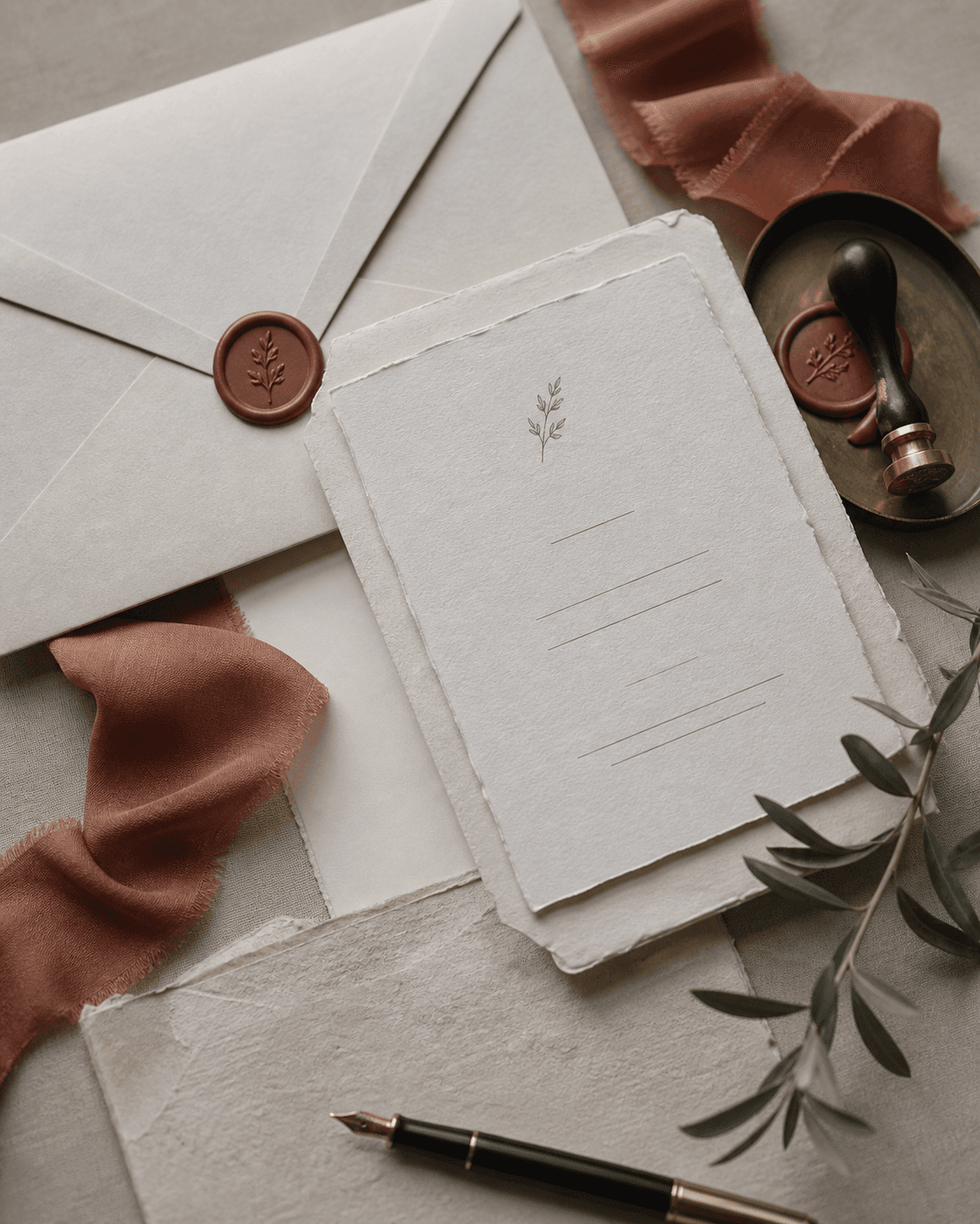 Artisan invitation suite with deckled paper, ribbon, and wax seals