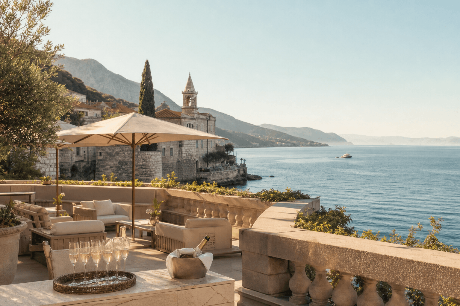 A serene coastal hotel terrace prepared for arriving guests